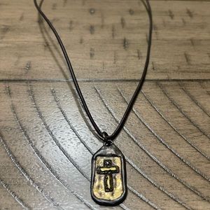 Men’s necklace leather cord, hand crafted, hammered pendant & clasp.